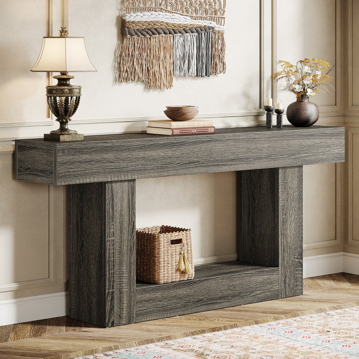63" Wood Console Table, Farmhouse 2-Tier Sofa Table Entryway Table