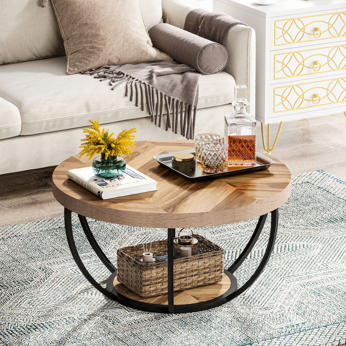 Round Coffee Table, 2-Tier Central Cocktail Table with Shelves
