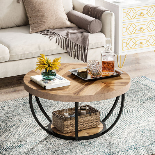 Round Coffee Table, 2-Tier Central Cocktail Table with Shelves