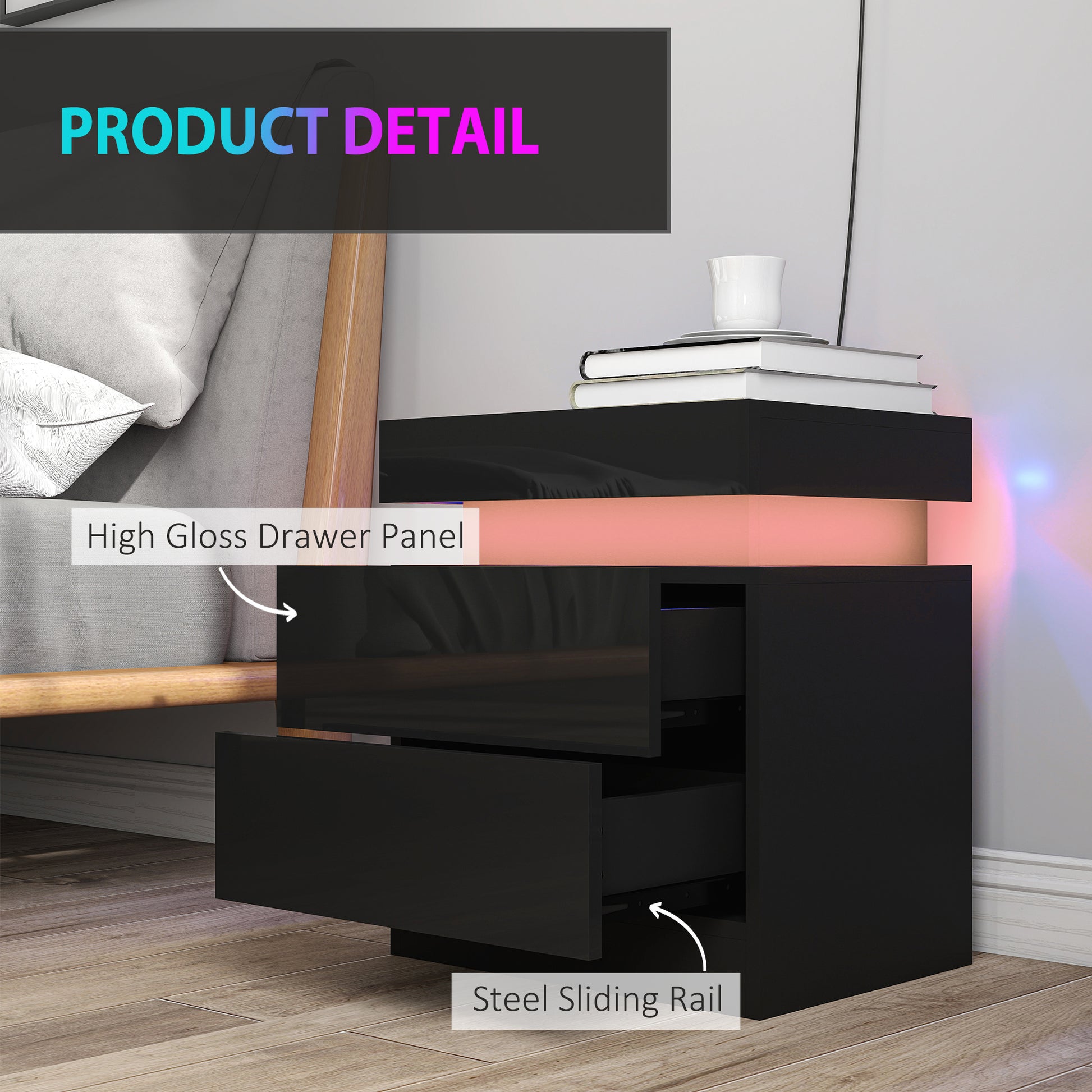 HOMCOM Modern Black Nightstands Set of 2, LED Lights, Two Drawers