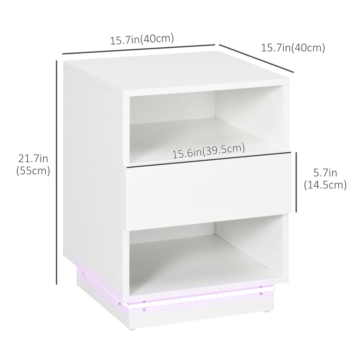 HOMCOM LED Nightstand Bedside Table with High Gloss Drawer and Shelves