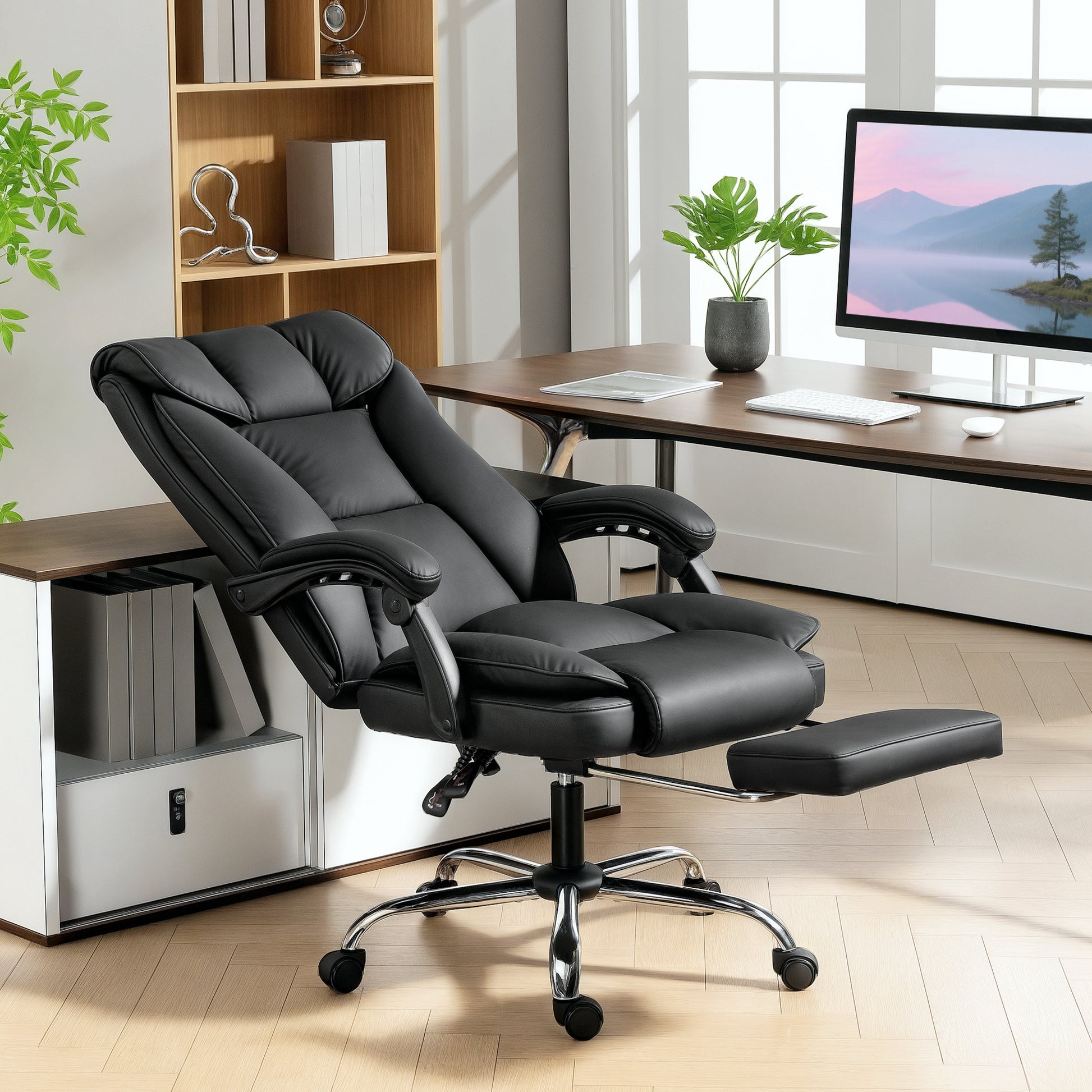 HOMCOM Executive Pet-Friendly Faux Leather Office Chair with Ergonomic Recline & Footrest