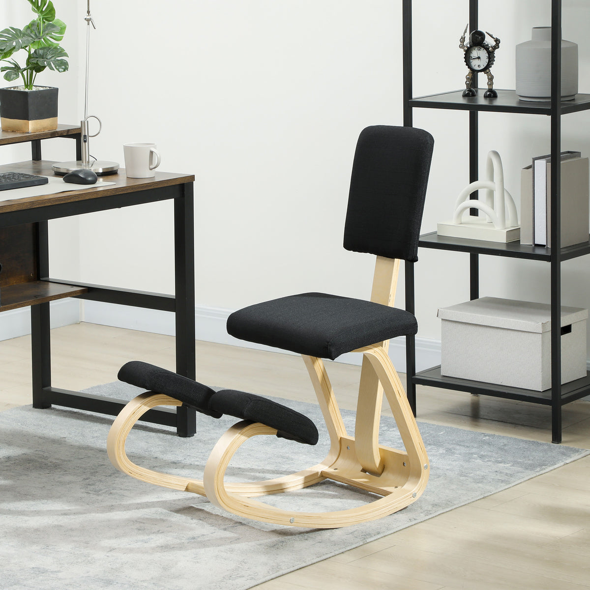 Ergonomic Kneeling Chair, Rocking Wood Kneel Stool with Backrest for Improved Posture, Black
