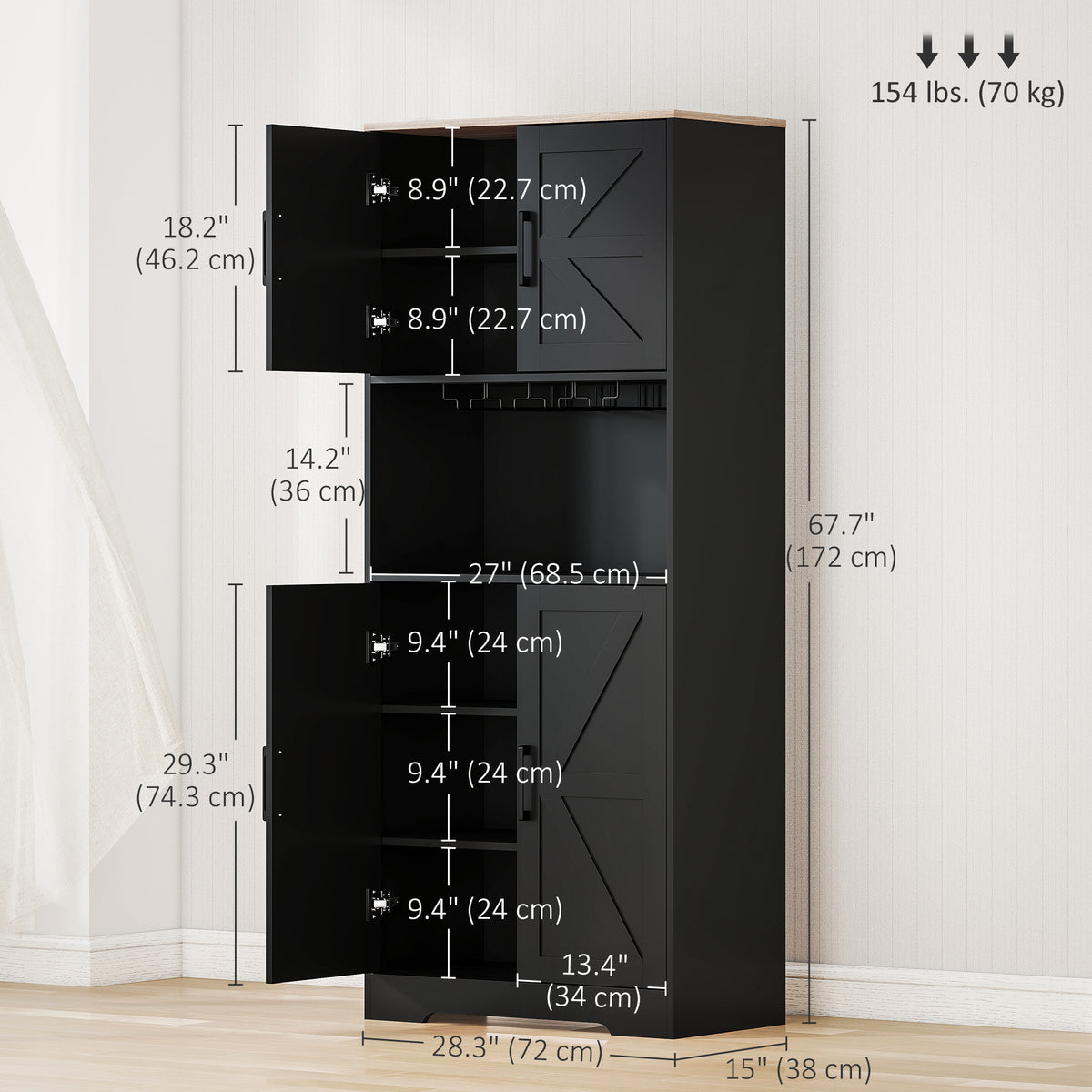 Freestanding Hutch Storage Cabinet with Microwave Oven Countertop – 28"W x 68"H