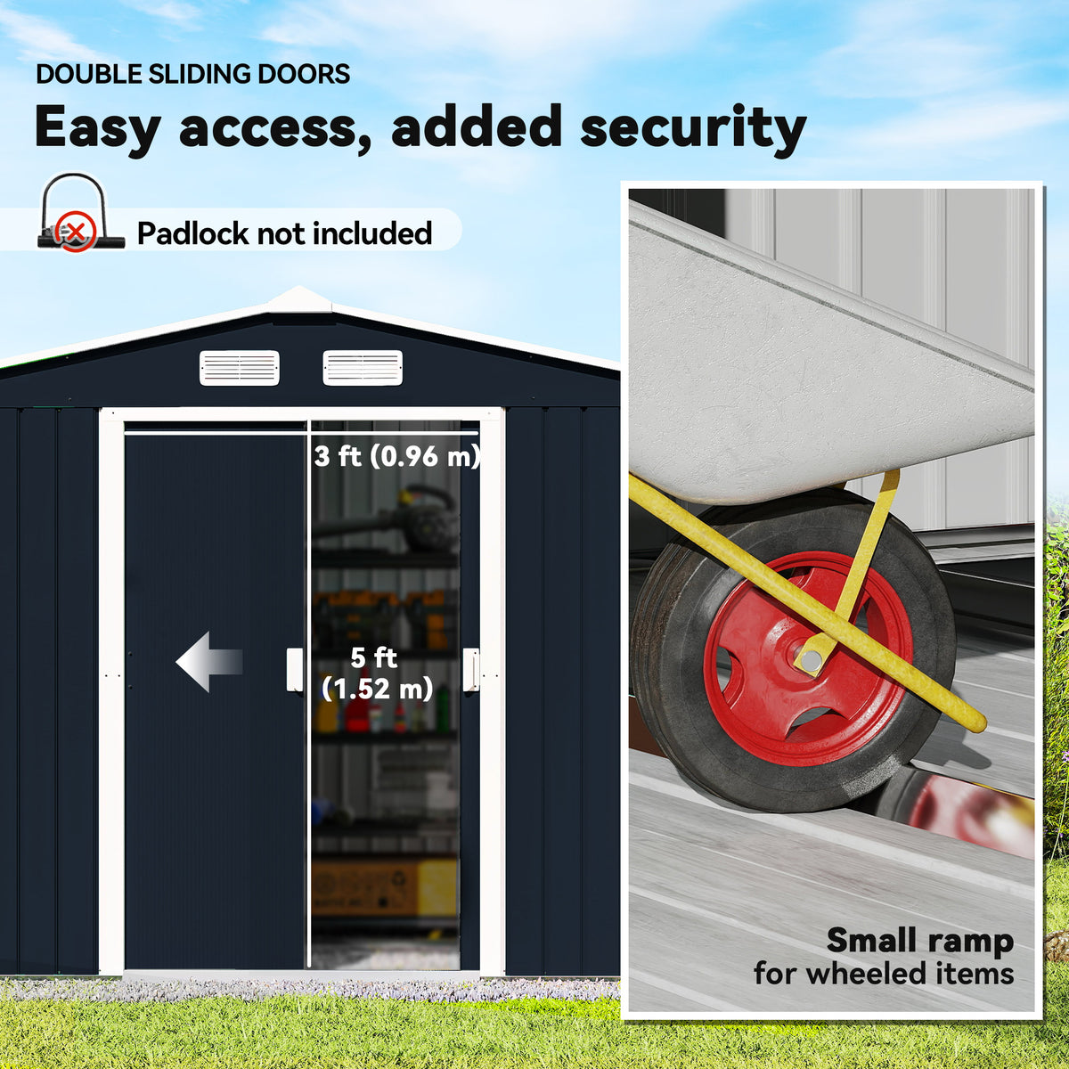 9.1'x6.4'x6.3' Garden Storage Shed, Outdoor Storage Tool House with Vents, Foundation and Lockable Double Doors – Dark Grey