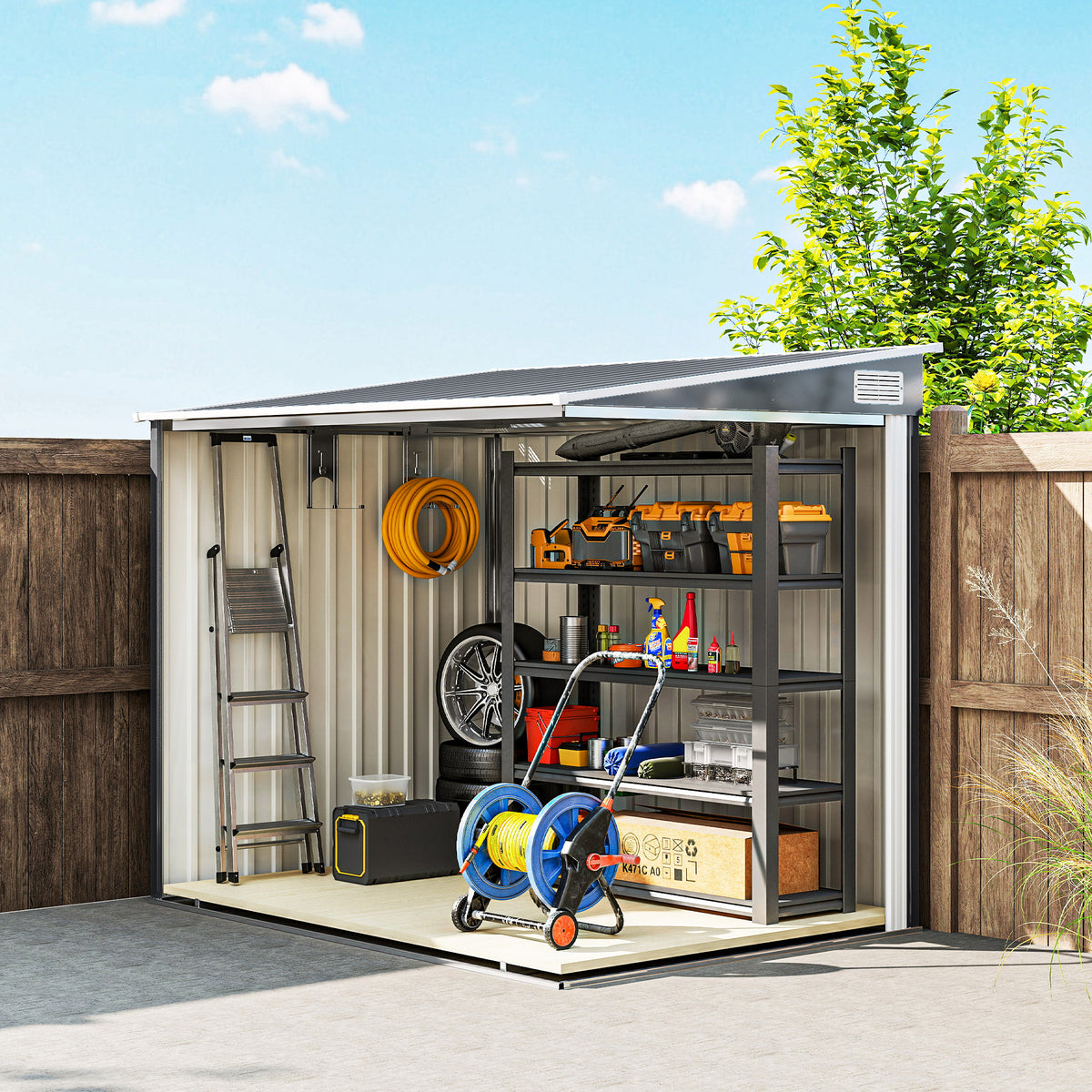 5'x7' Lean to Metal Garden Shed with Foundation, Outdoor Tool Shed with Sliding Door and 2 Vents – Dark Grey