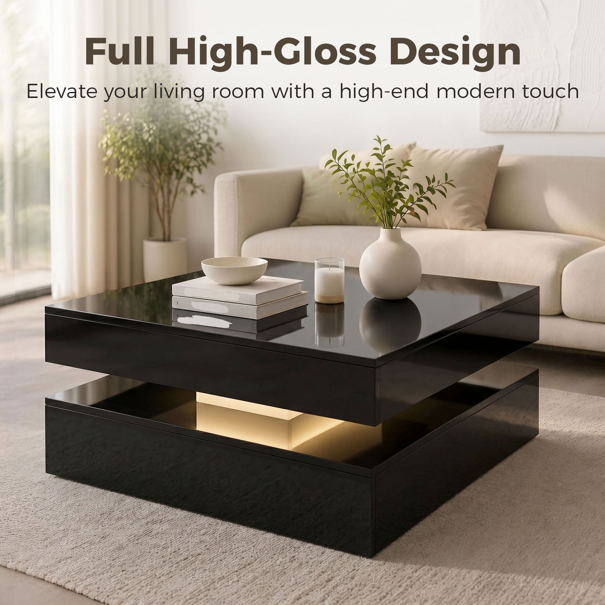 HOMCOM LED Coffee Table with Storage 2-Tier High Gloss Black