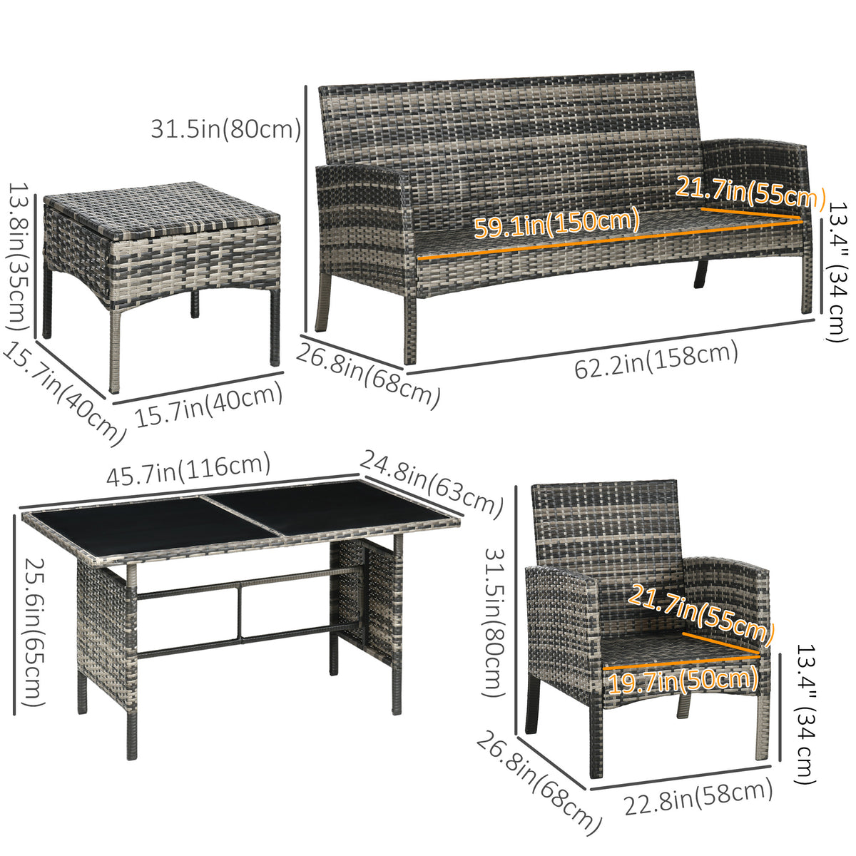 6 Piece Patio Furniture Set with Patio Chairs, Ottomans, Sofa, Glass Top Table and Cushions, Wicker Rattan Outdoor Furniture Set for Backyard, Porch