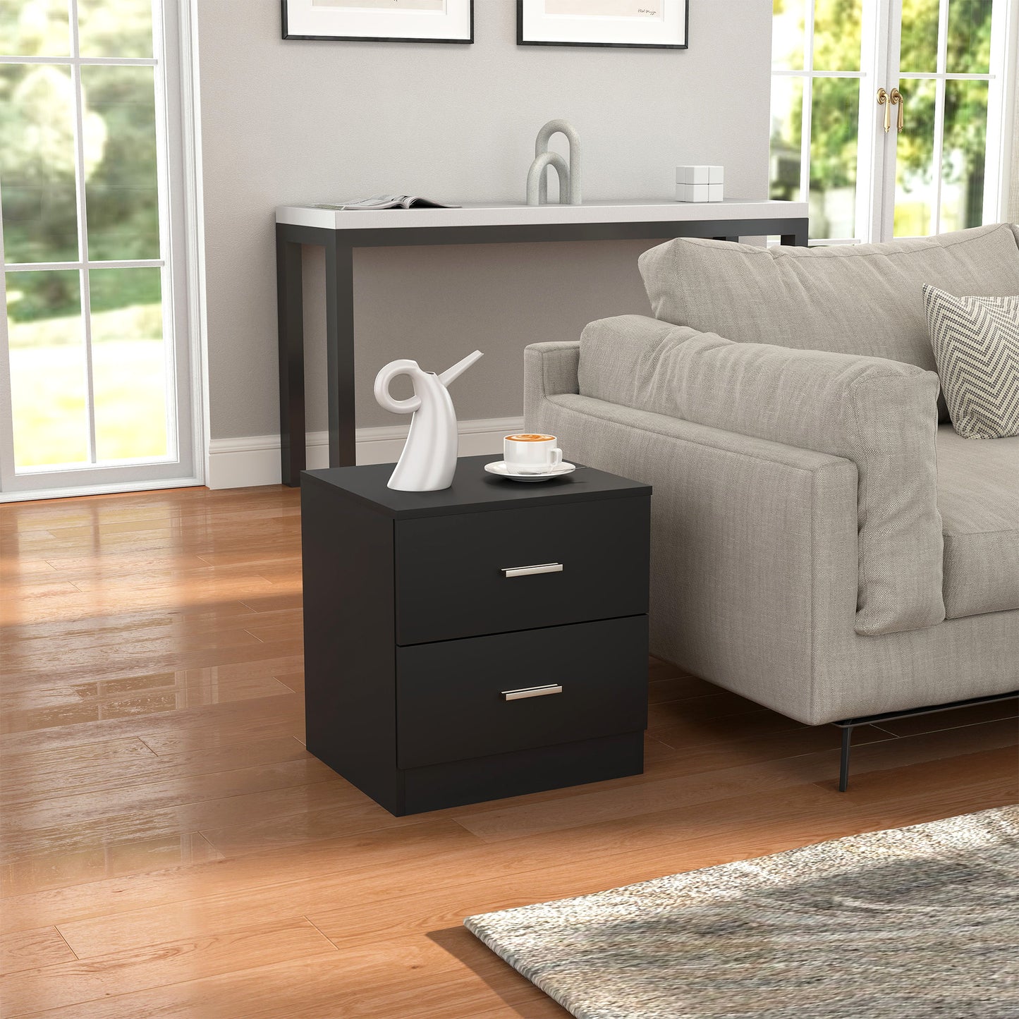 HOMCOM Modern Black 2-Drawer Bedside Table Nightstand for Bedroom Storage