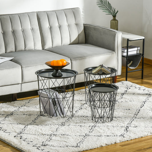 Round Nesting Coffee Tables Set of 3 with Basket Storage – Black