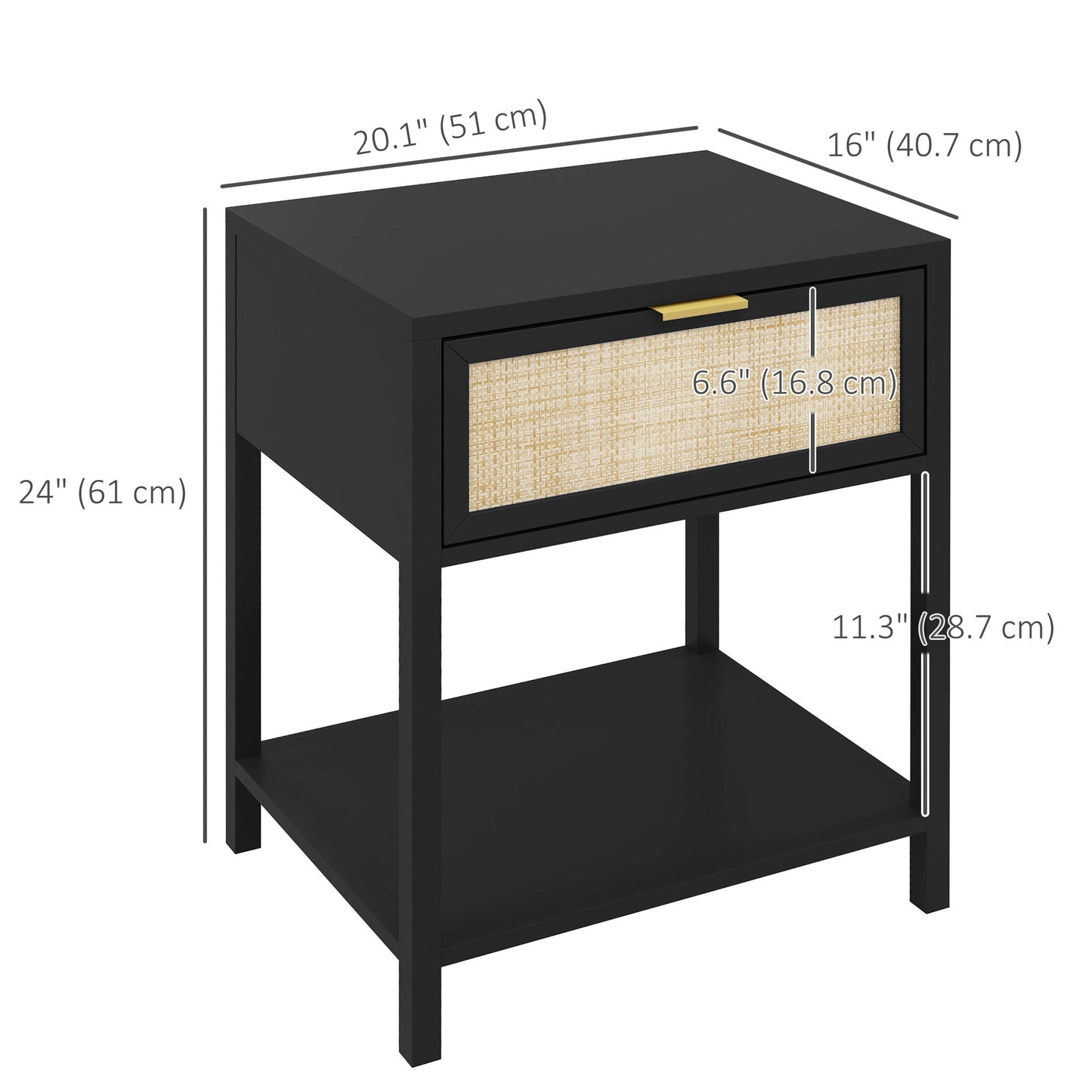 HOMCOM Modern Boho Black Nightstand with Rattan Drawer & Open Shelf