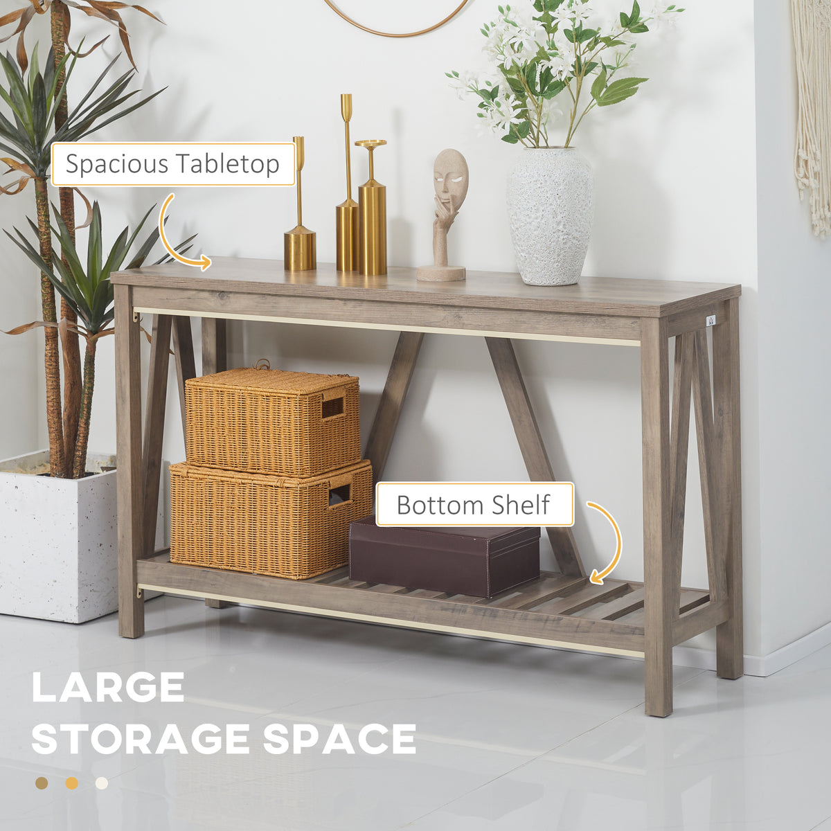 Farmhouse Console Table with Storage Shelf, Distressed Grey