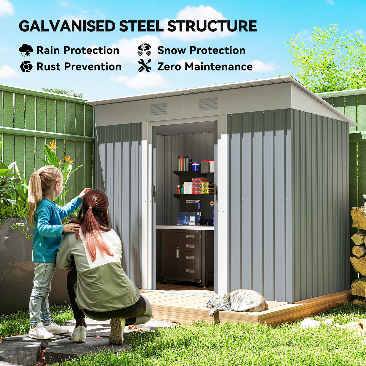 7' x 3.6' Outdoor Storage Shed, Metal Garden Tool Storage House Organizer with Lockable Sliding Doors and Vents for Backyard Patio Lawn – Grey