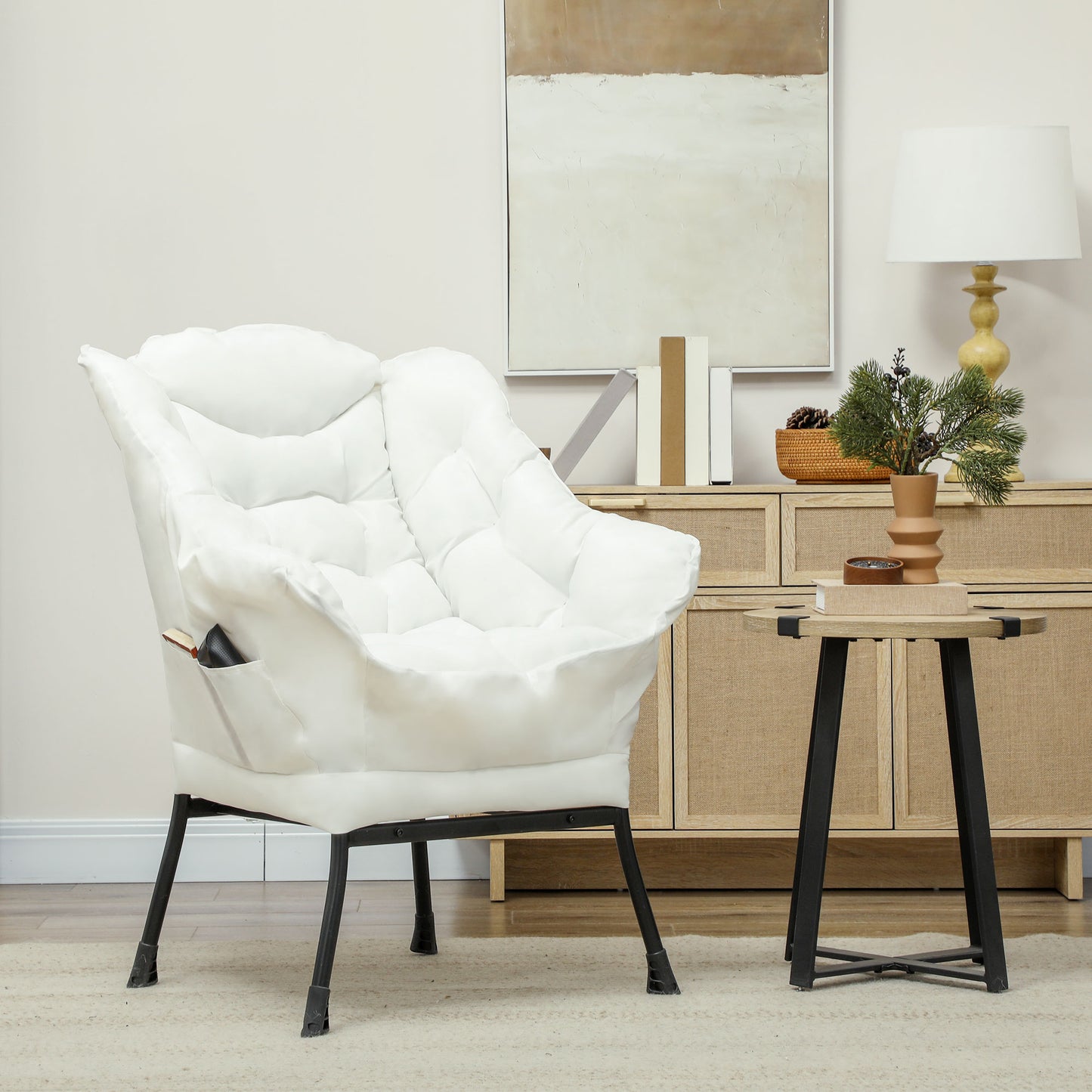HOMCOM Modern Cream White Accent Armchair with Side Pockets & Steel Legs