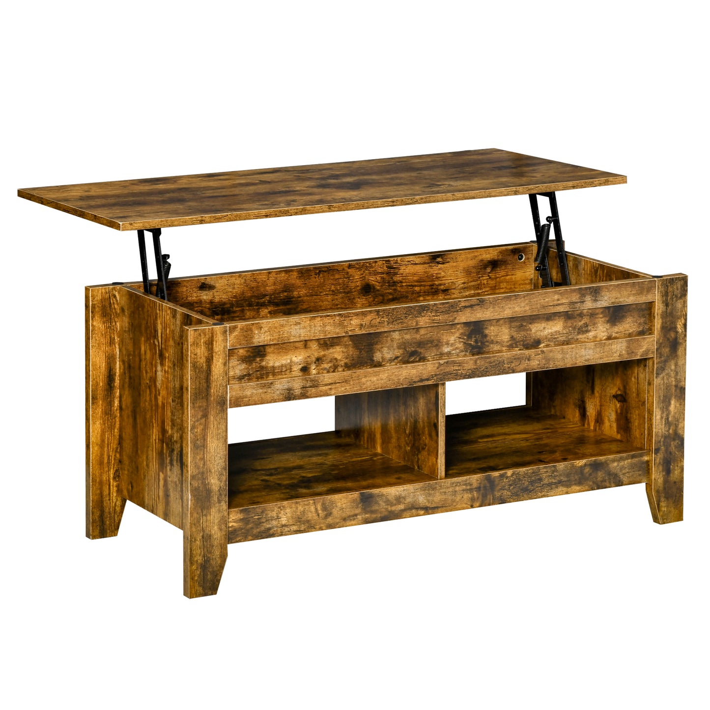 Modern Lift-Top Coffee Table with Hidden Storage & Open Shelves, Rustic Brown