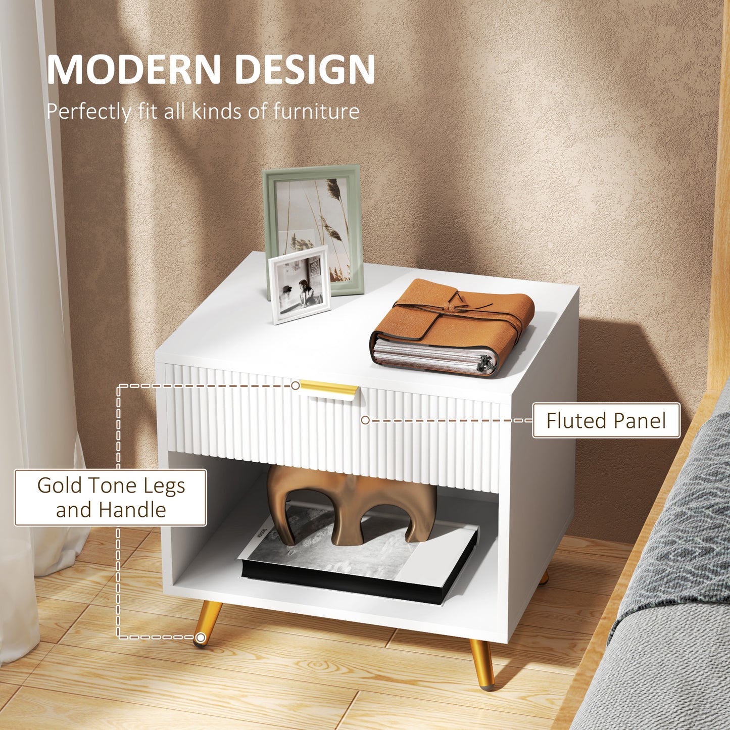 Modern White Fluted Panel Nightstand with Drawer, Open Storage, Gold Legs