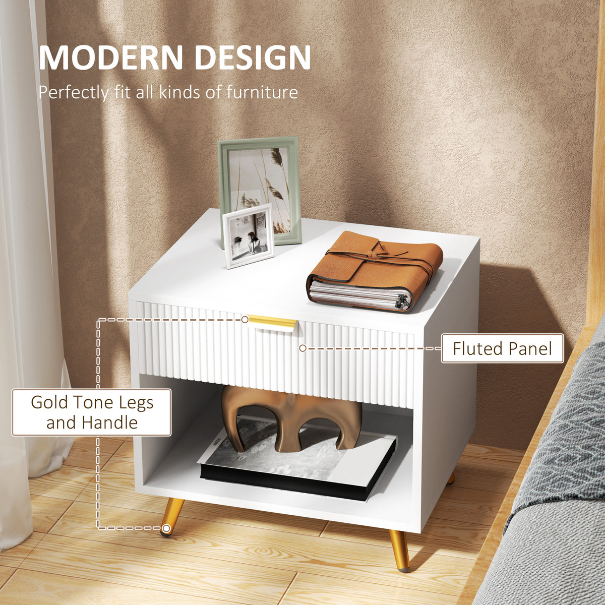 Fluted Panel Nightstand with Drawer and Open Shelf – 20"W x 19"H
