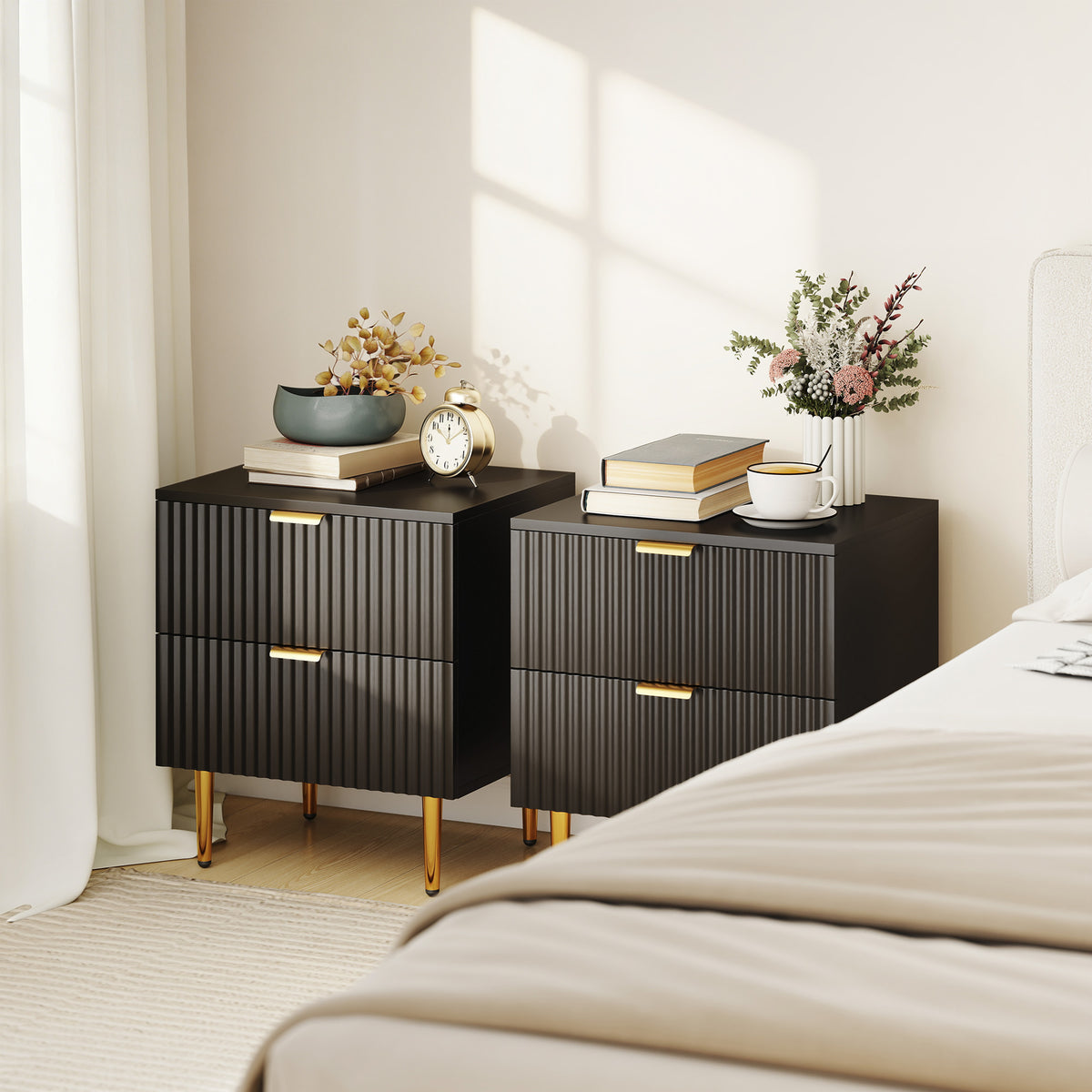Modern 2-Drawer Nightstands with Metal Legs, Set of 2 – 19"W x 22"H