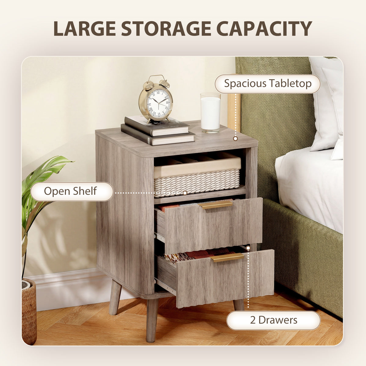 Nightstands with Charging Station, 2 Drawers and Shelf, Set of 2 – 16"W x 24"H