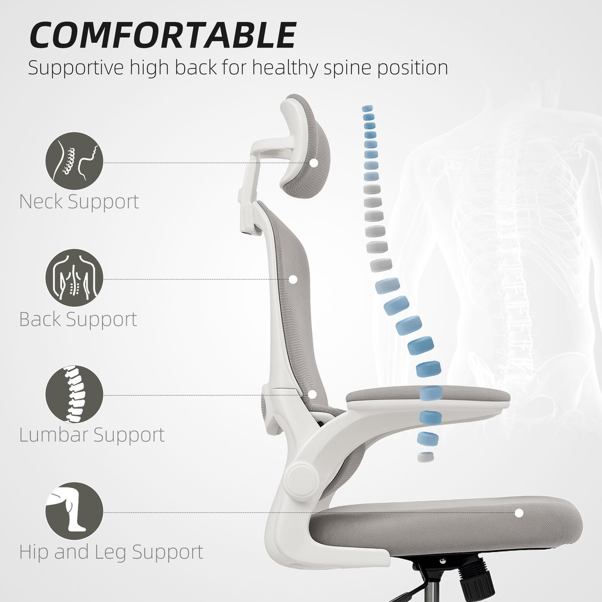 Ergonomic Mesh Office Chair, High Back Desk Chair with Rotatable Headrest, Grey