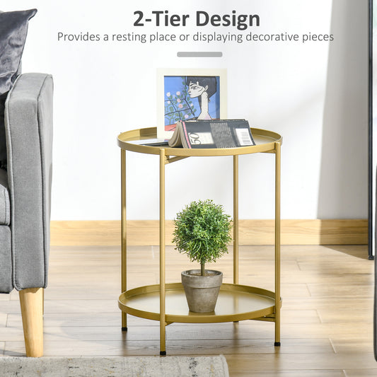 HOMCOM 2-Tier Gold Round Side Table, Removable Trays, Folding Metal Frame