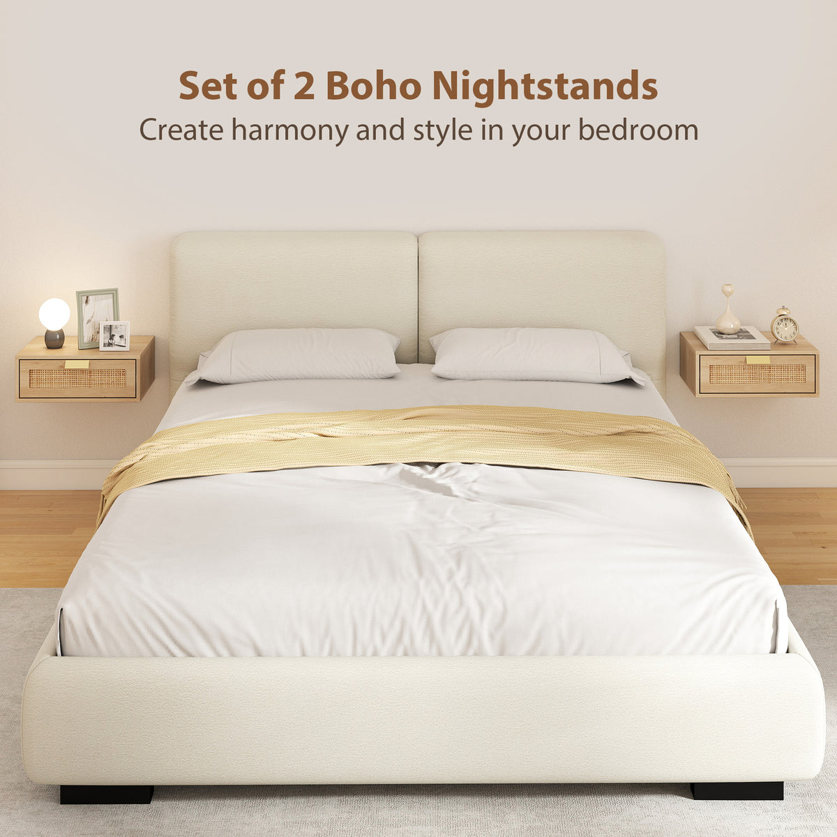 Floating Nightstands with Rattan Drawer, Set of 2 – 16"W x 6"H
