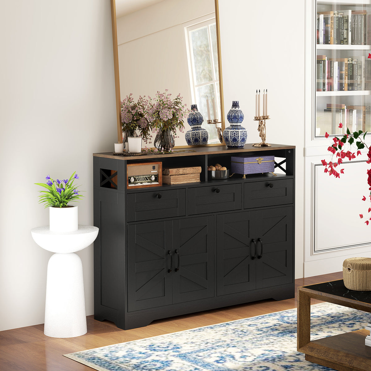 Buffet Cabinet with 4 Barn Doors and 3 Drawers – 47"W x 35"H