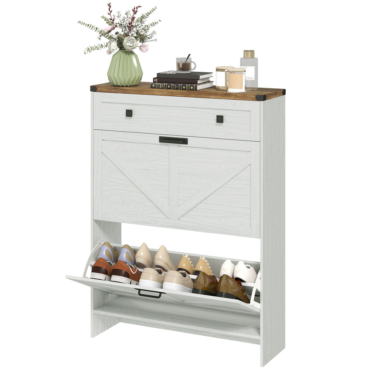 Farmhouse Narrow Shoe Cabinet with 2 Flip Drawers – 32"W x 43"H