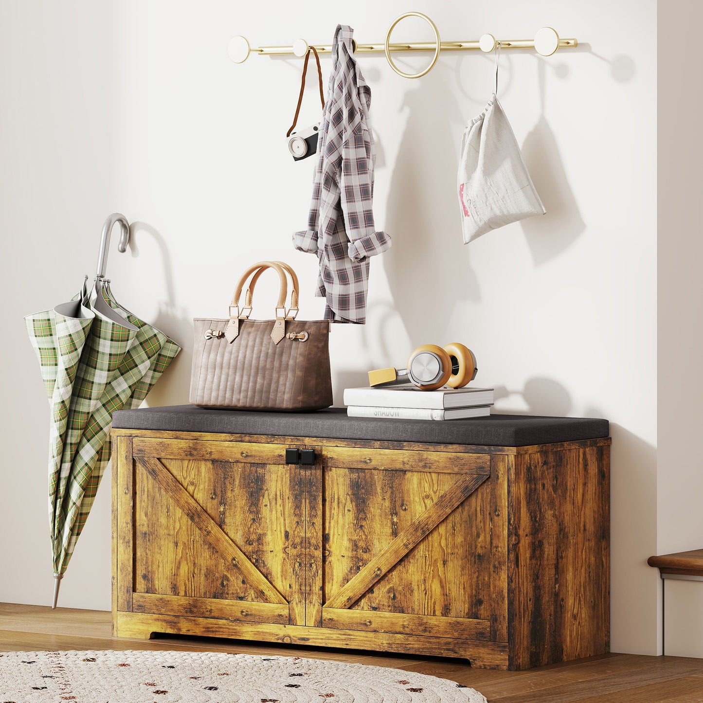 HOMCOM Rustic Brown Entryway Shoe Storage Bench with Padded Seat, Holds 8 Pairs