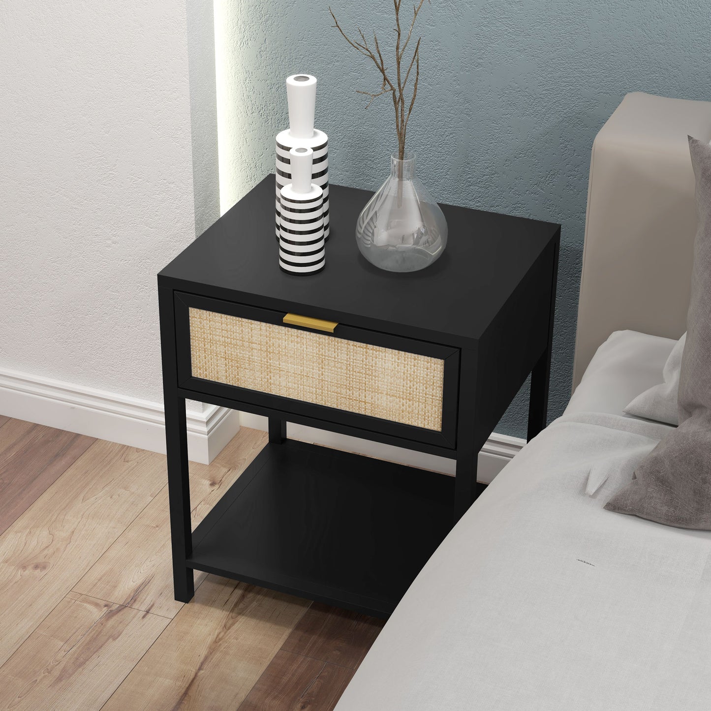 HOMCOM Modern Boho Black Nightstand with Rattan Drawer & Open Shelf