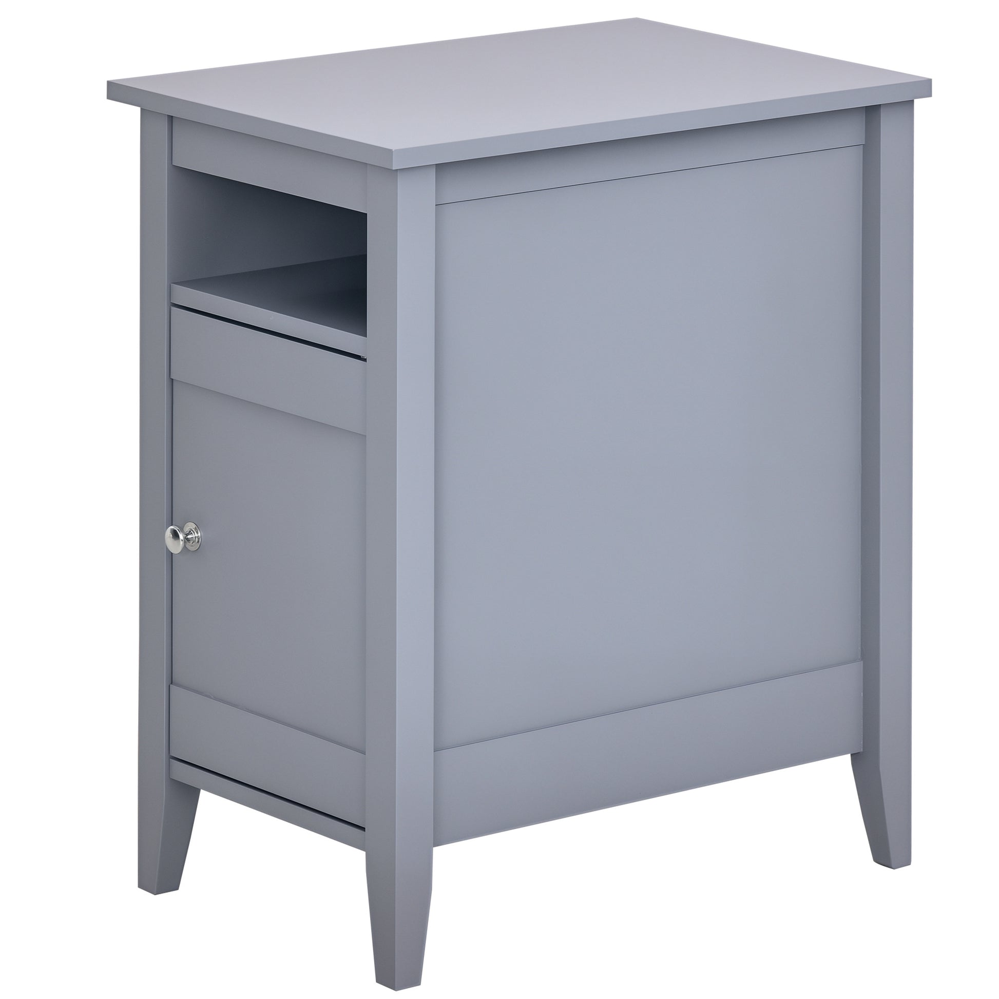 Modern Grey Wooden Nightstand with Pullout Tray, 3-Tier Adjustable Storage Cabinet