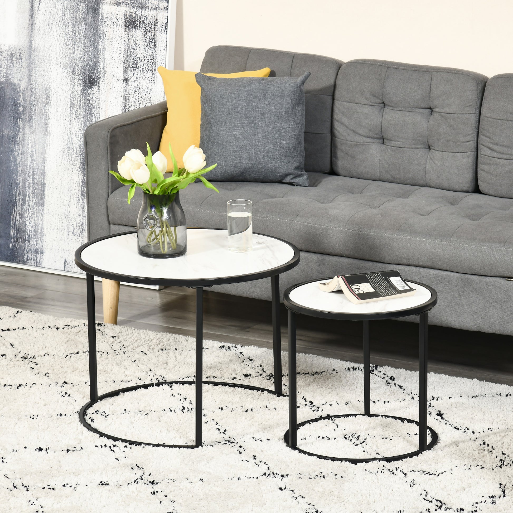HOMCOM Round Nesting Coffee Table Set, Modern Faux Marble Top, Steel Frame, 2-Piece