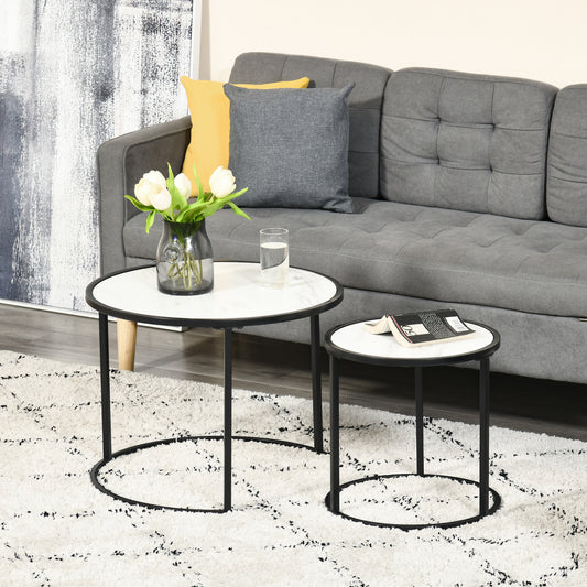 HOMCOM Round Nesting Coffee Table Set, Modern Faux Marble Top, Steel Frame, 2-Piece
