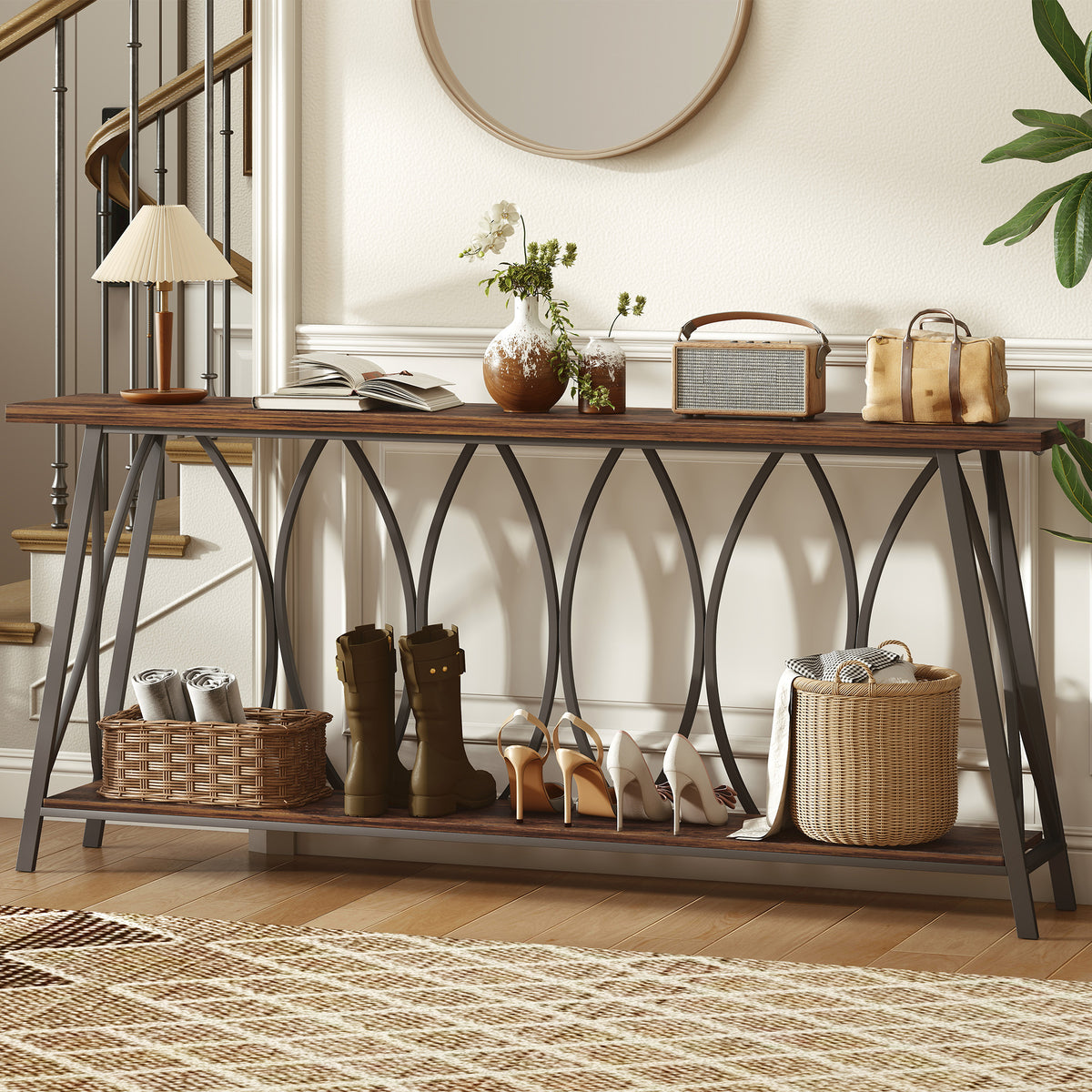 71" Industrial 2-Tier Console Table with Metal Frame