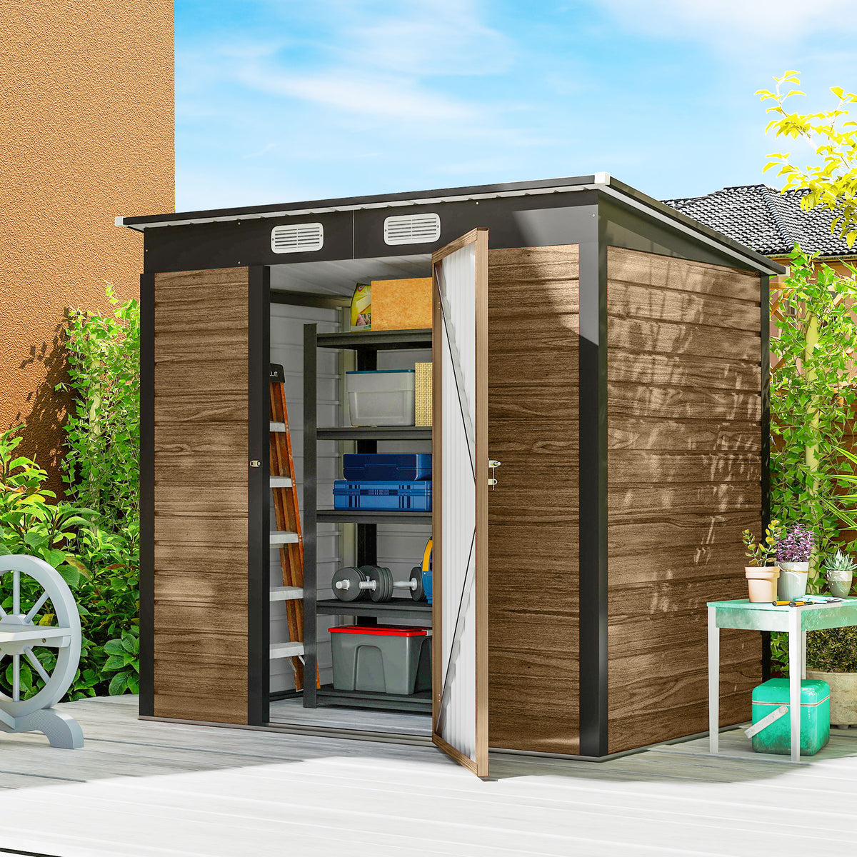 6 x 4FT Galvanized Garden Storage Shed, Metal Outdoor Shed with Double Doors and 2 Vents – Teak