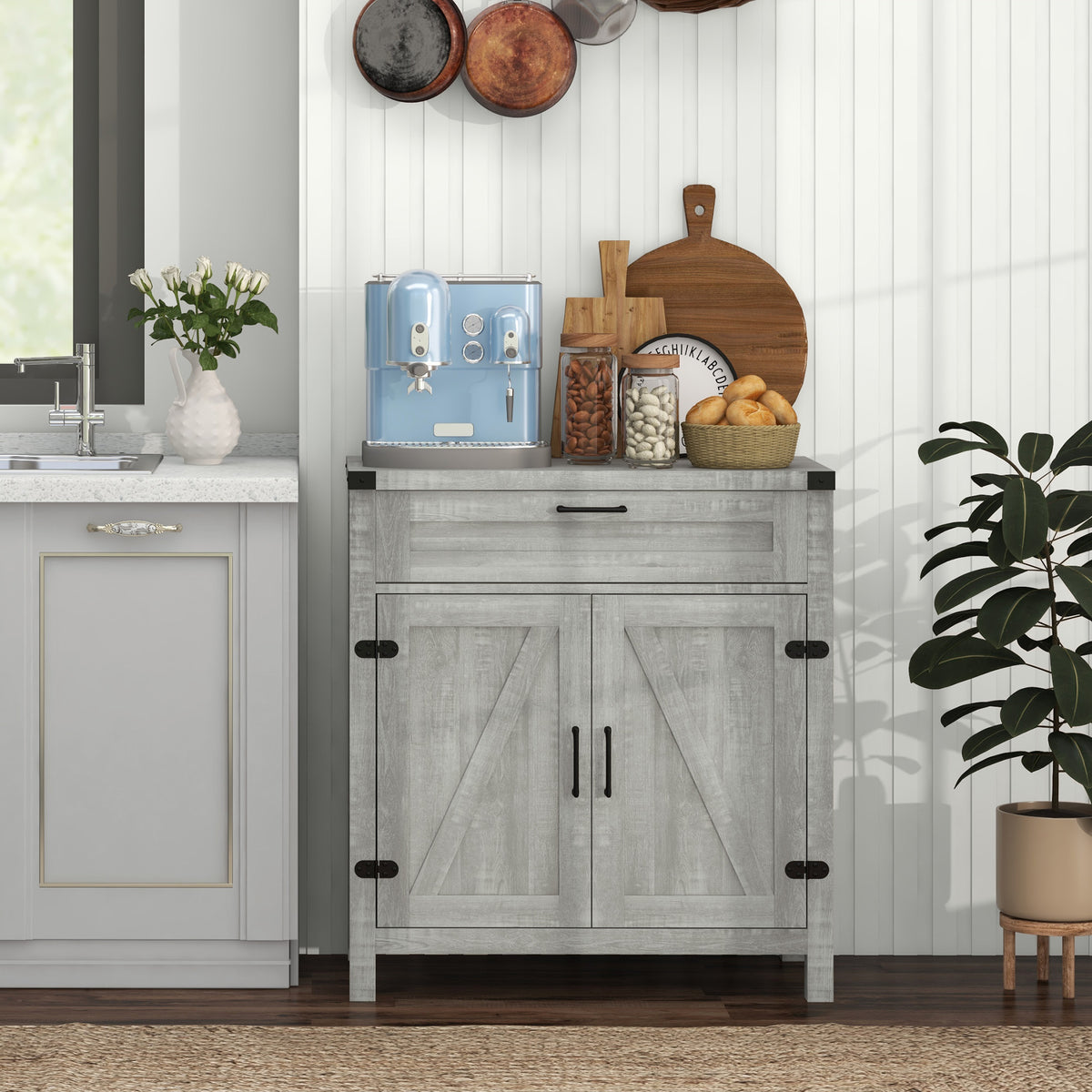Sideboard Buffet Cabinet with 2 Rustic Barn Doors and Drawer – 30"W x 33"H
