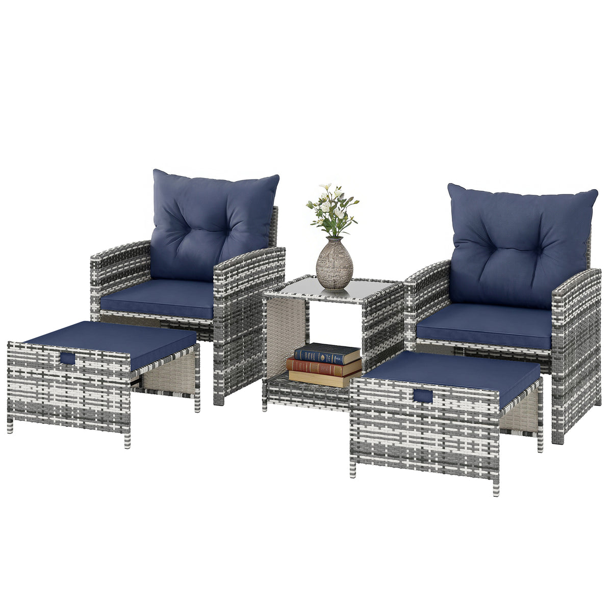 5 Piece Patio Furniture Set, Wicker Patio Chairs with Ottomans, 2-Tier Glass Coffee Table and Cushions, Grey/Dark – Blue