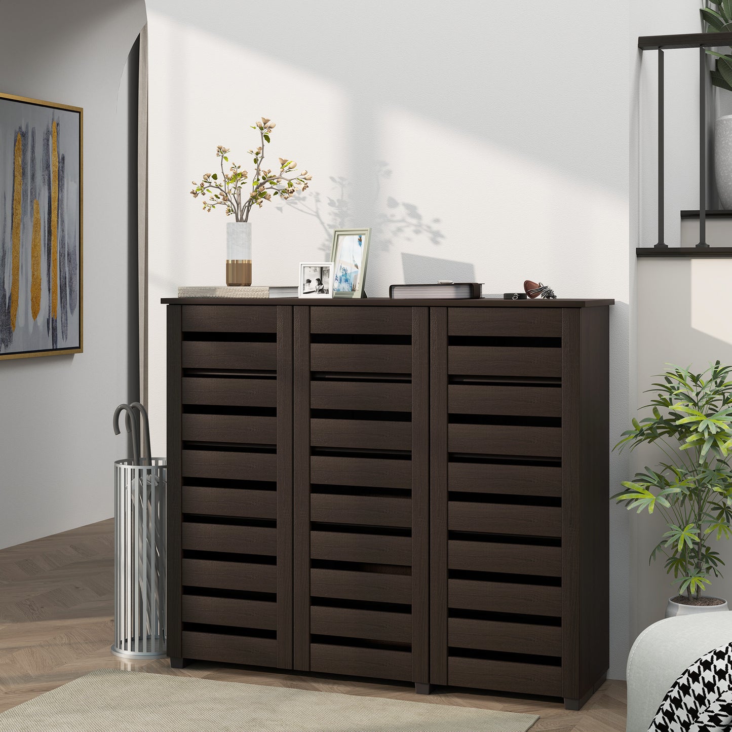 HOMCOM Narrow Entryway Shoe Cabinet, Slatted Doors, Adjustable Shelves, Dark Brown
