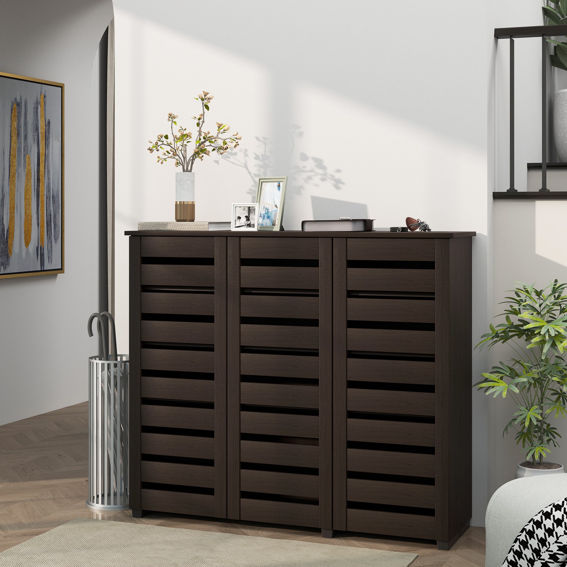 HOMCOM Narrow Entryway Shoe Cabinet, Slatted Doors, Adjustable Shelves, Dark Brown