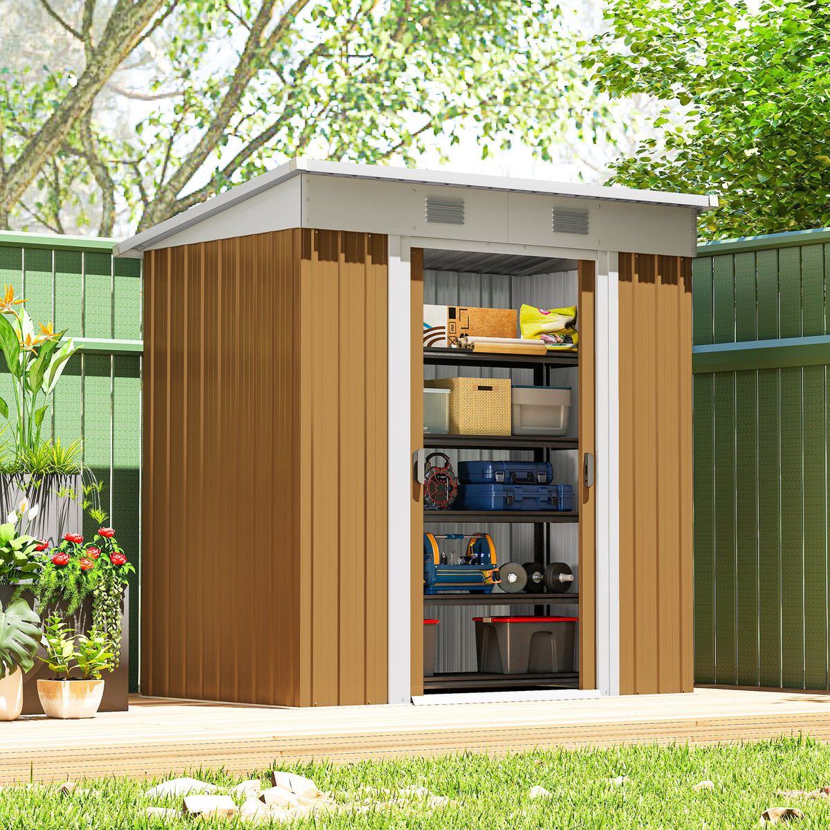 6' x 4' Outdoor Storage Shed, Metal Garden Shed with Lockable Sliding Doors and Vents – Yellow