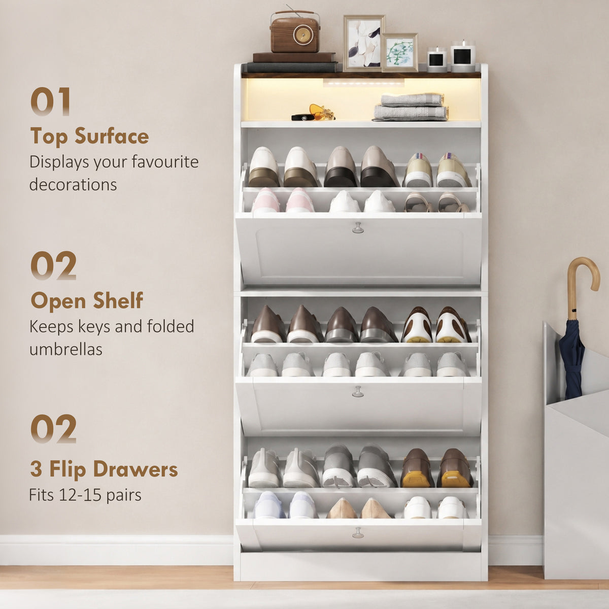 Shoe Cabinet with 3 Flip Drawers and Sensor Light – 24"W x 54"H