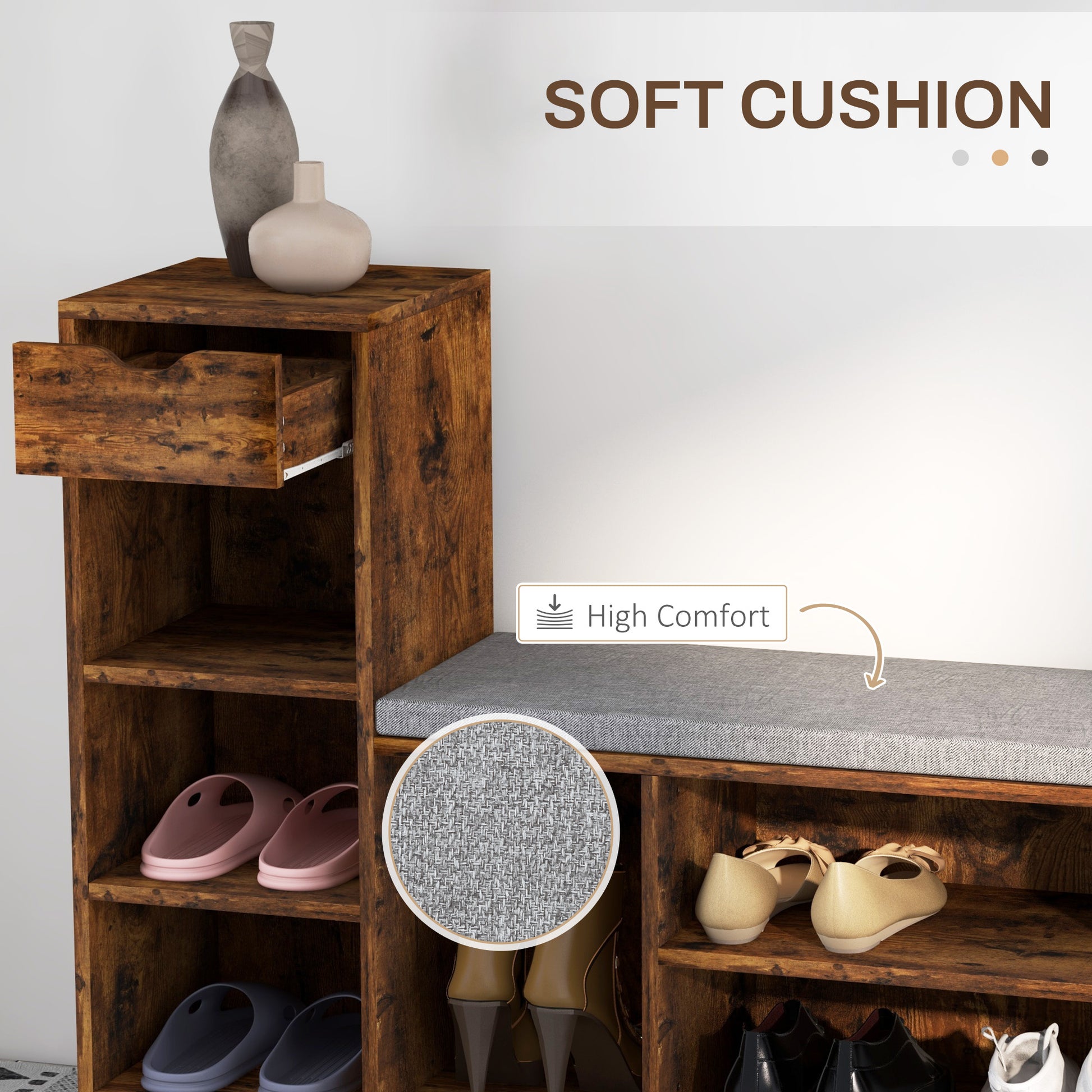 HOMCOM Rustic Brown Upholstered Shoe Storage Bench with Drawer & 6 Shelves