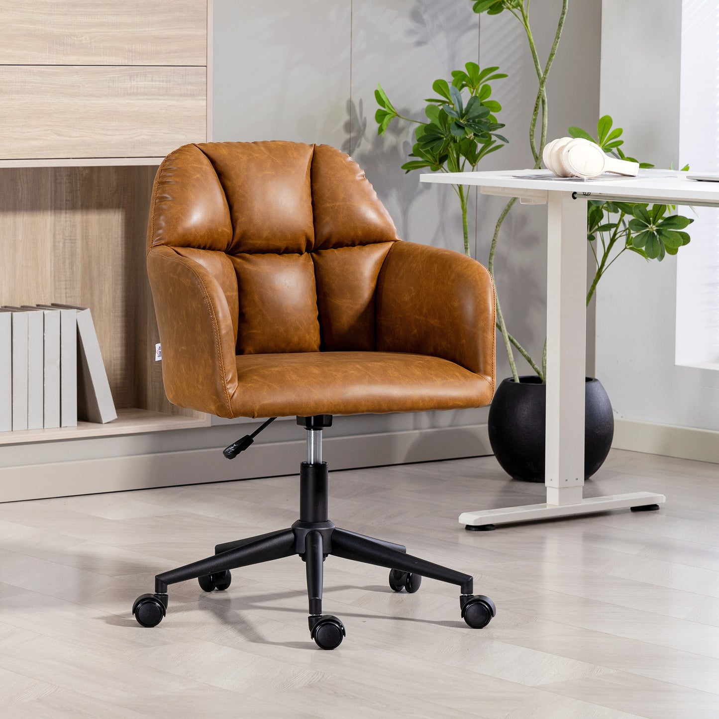 HOMCOM Swivel Faux Leather Office Desk Chair, Adjustable Height, Ergonomic Lumbar Support, Brown