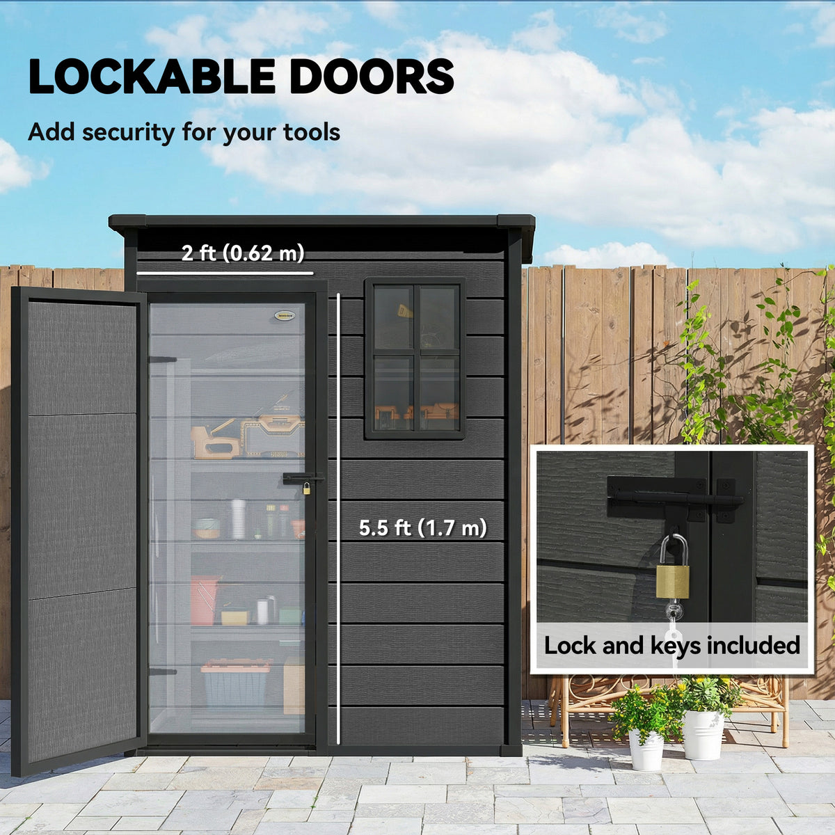 5 x 3FT Garden Shed with Floor, Outdoor Storage Shed with Lockable Door, Window and Vent for Backyard, Patio – Dark Grey