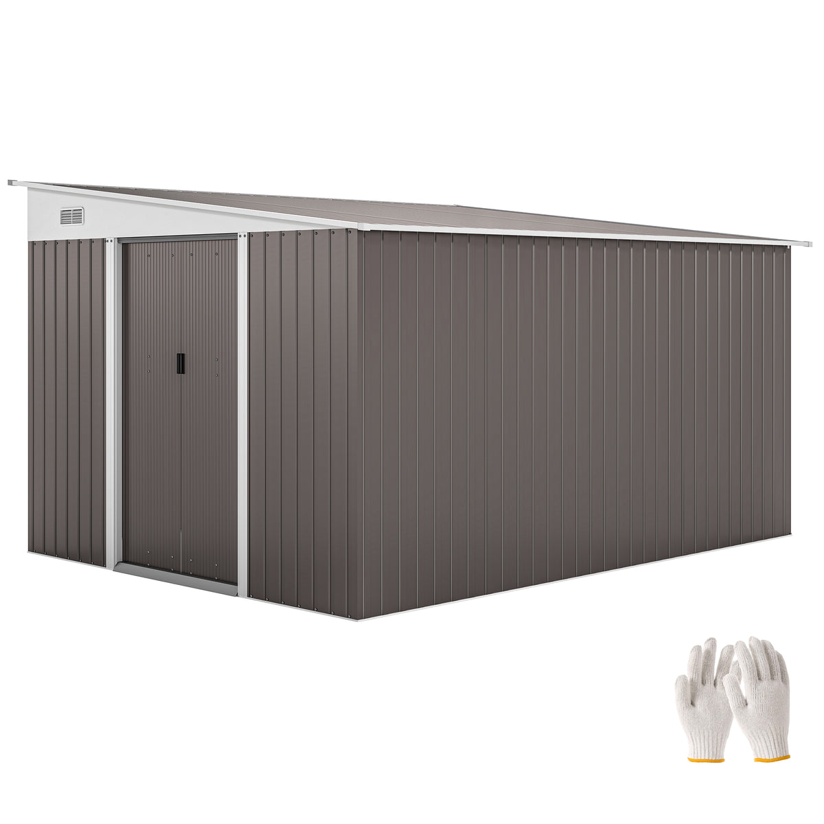 11' x 9' Steel Garden Storage Shed, Outdoor Metal Tool House with Double Sliding Doors – Grey