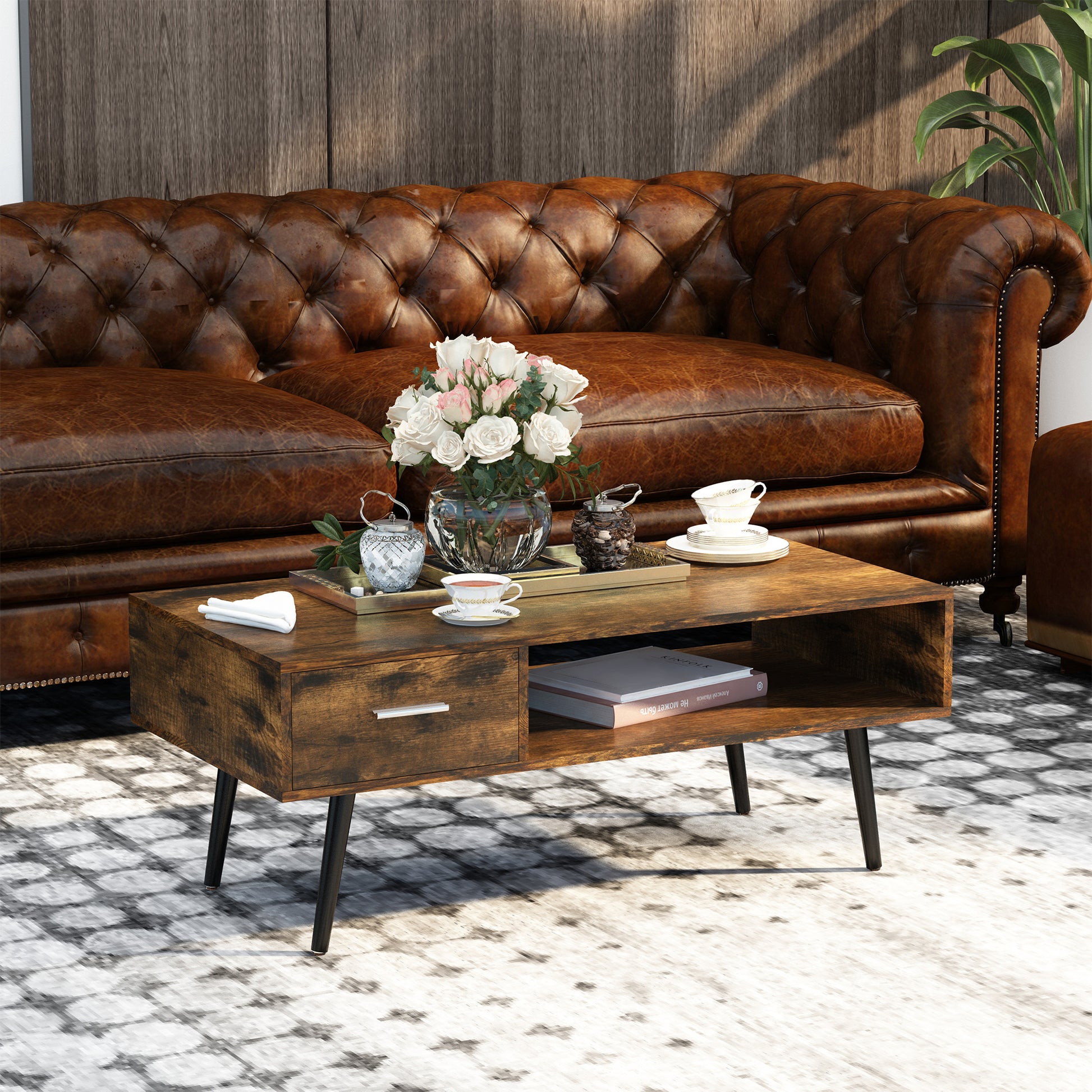 HOMCOM Retro Industrial Coffee Table with Storage Drawer & Shelf, Rustic Brown Wood