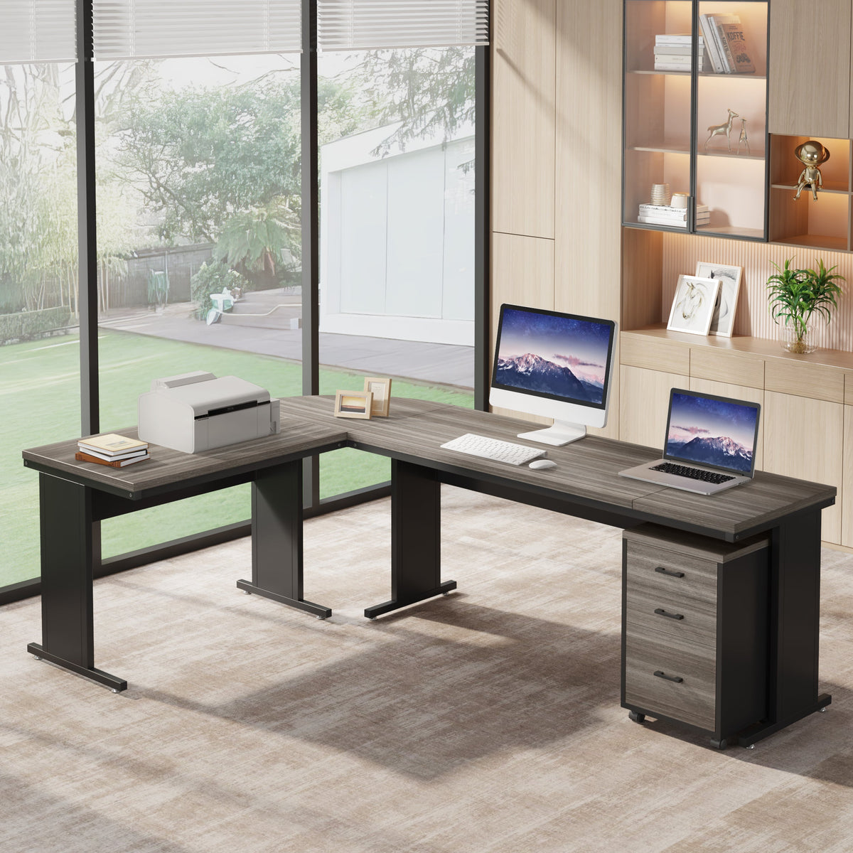 83" L-Shaped Desk, Industrial Corner Executive Desk with Mobile File Cabinet