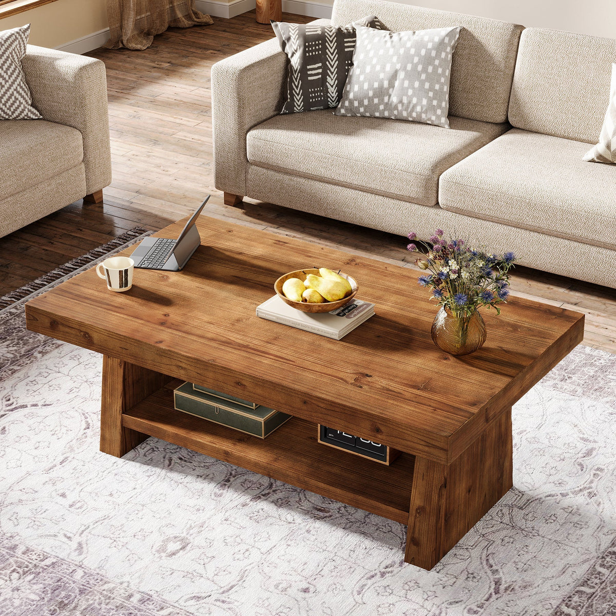 2-Tier Solid Wood Coffee Table, 47" Farmhouse Wood Center Table with Storage