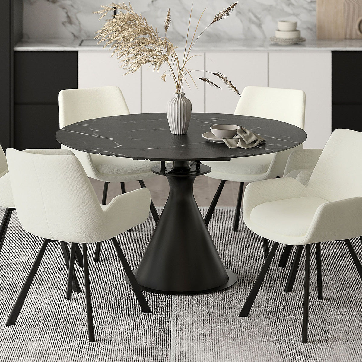 Sintered Stone Round Dining Table with Extension, 51" in Black and Black