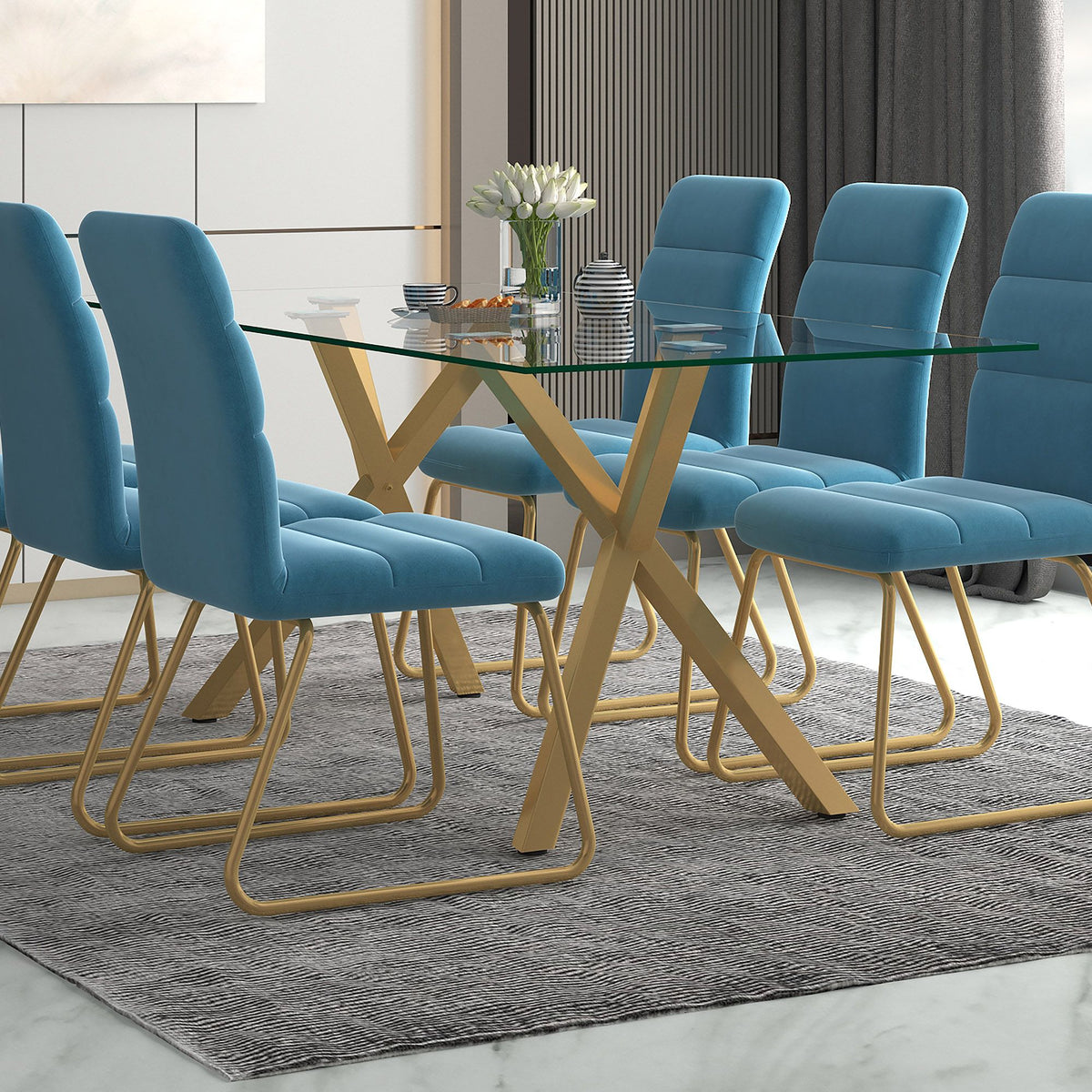 Glass Rectangular Dining Table, 71" in Aged Gold